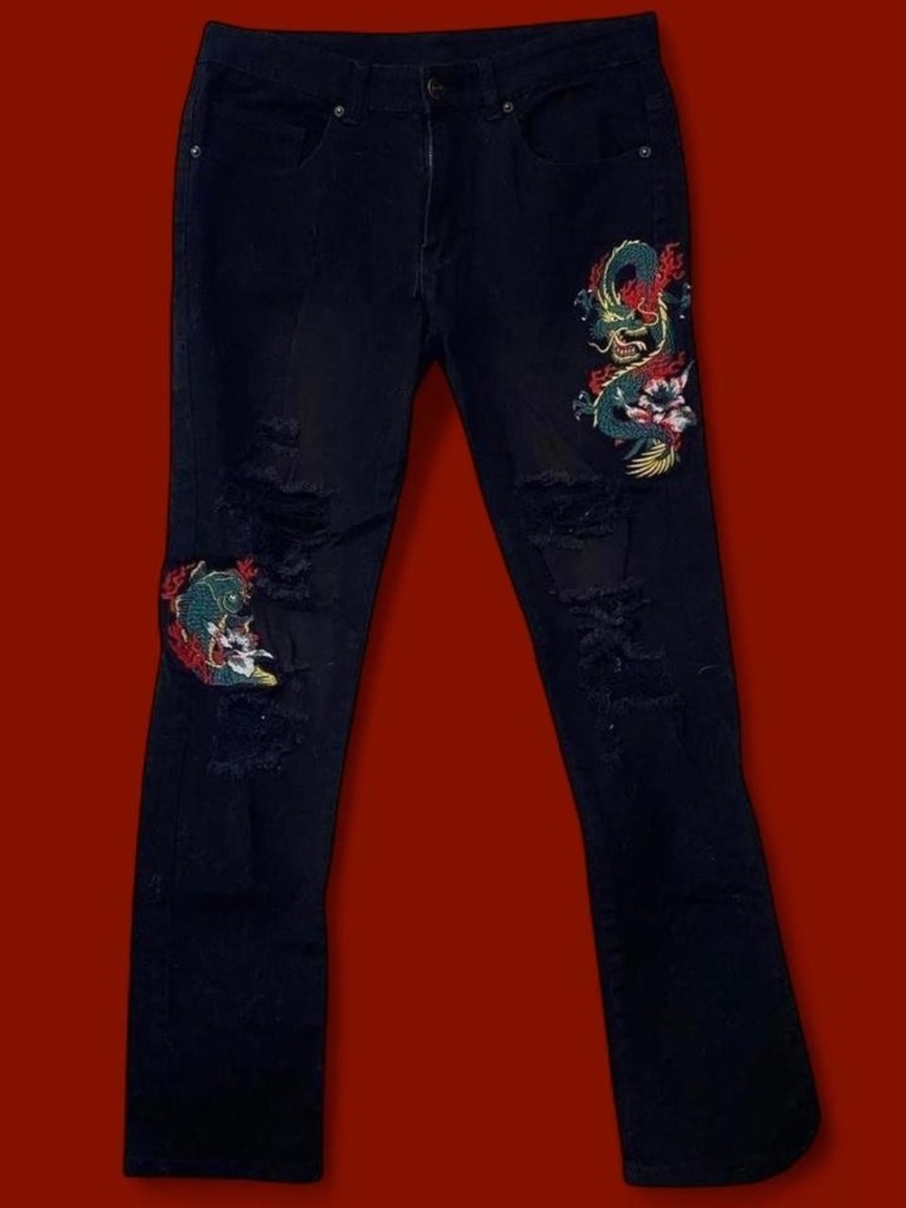 Young & Reckless Black Skinny Jeans with Dragon Embroidery
